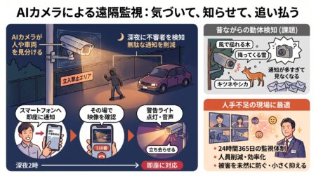 AIカメラは、映像をリアルタイムで解析し、人や車両を見分けて検知します。夜中に立入禁止エリアへ人が入ってきたら、管理者のスマートフォンへすぐに通知が届き、その場で映像を確認できる遠隔監視の仕組みです。