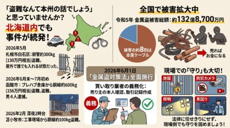 「盗難なんて本州の話でしょう」と思われるかもしれません。ところが、今年に入ってからも道内では資材置き場や工事現場を狙った事件が続いています。まずは身近な事例から見ていきましょう。
2026年5月には