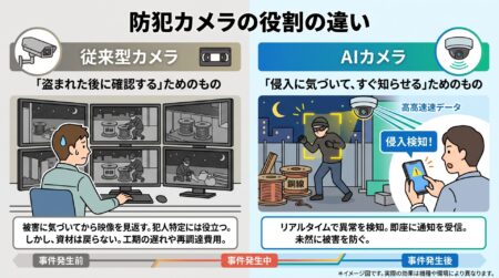 「防犯カメラならもう付けているよ」という方もいらっしゃるかもしれません。ただ、同じ防犯カメラでも、従来型とAIカメラでは役割が大きく異なります。ひと言でいえば、従来型は「盗まれた後に確認する」ためのも