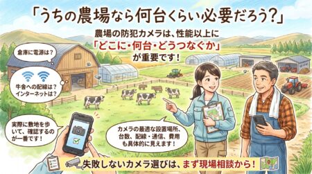 ここまで読んで、「うちの農場なら何台くらい必要だろう」と思われた方も多いのではないでしょうか。実は、大規模農場の防犯カメラは、カメラの性能以上に「どこに・何台・どうつなぐか」で効果が大きく変わります。