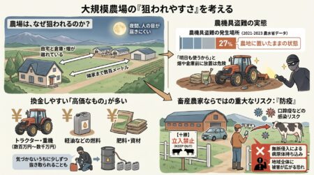 なぜ大規模農場は狙われやすいのでしょうか。結論から言えば、「人の目が届きにくく、価値の高いものが多い」からです。
北海道の農場は、自宅と畑、倉庫の距離が離れていることが珍しくありません。隣の家まで数