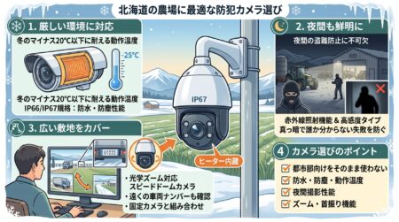 守る場所が決まったら、次はカメラ選びです。ここで注意したいのが、都市部の店舗やオフィス向けのカメラをそのまま農場に付けてしまうこと。北海道の厳しい環境では、「冬になったら映らなくなった」という失敗が起