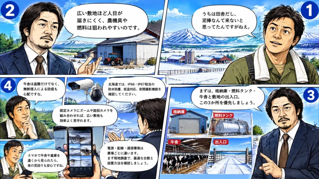 雪の農場で防犯カメラの設置場所と遠隔監視を説明する漫画