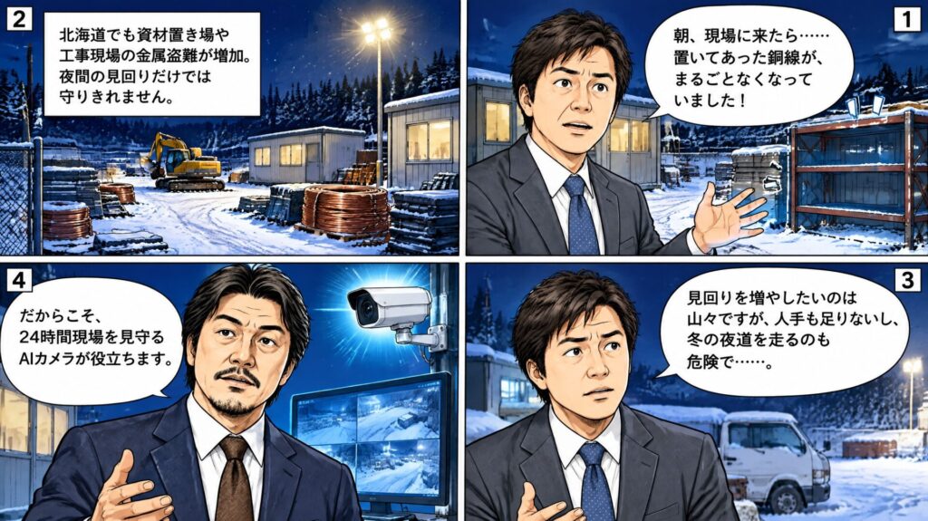 雪の工事現場でAIカメラによる盗難対策を説明する漫画