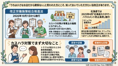 「うちは小さなお店だから関係ない」と思われた方にこそ、知っておいていただきたい法改正があります。
改正労働施策総合推進法により、2026年10月1日からカスハラ対策が事業主の義務になりました。対象は