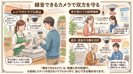 「録音できるカメラ」と聞いても、実際にどう役立つのかイメージしにくいかもしれません。地元の店舗や窓口でよくある場面で考えてみましょう。
たとえば、レジでの「お釣りが足りない」というご指摘。映像だけで