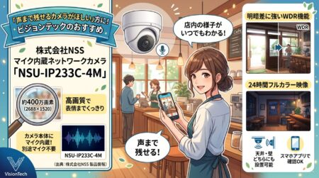 ここまでお読みいただき「声まで残せるカメラがほしい」と感じた方に、ビジョンテックがおすすめしているのが、株式会社NSSのマイク内蔵ネットワークカメラ「NSU-IP233C-4M」です。
最大の特長は
