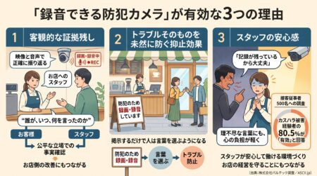 では、なぜ「録音できる防犯カメラ」がこれほど有効なのでしょうか。理由は大きく3つあります。
ひとつ目は、客観的な証拠残しができることです。映像と音声がそろっていれば、「誰が、いつ、何を言ったのか」を