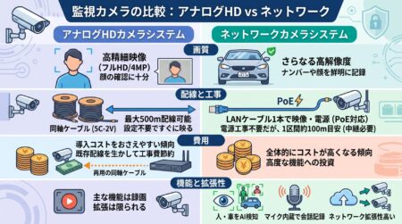 まず画質についてです。アナログHDカメラもフルHDや4メガピクセルといった高精細な映像が撮れるようになっており、人の様子を確認するには十分な性能があります。ただ、車のナンバーや人の顔をより鮮明に残した