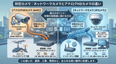 まず結論からお伝えすると、ネットワークカメラとアナログHDカメラのいちばん大きな違いは、カメラが撮った映像を録画機まで届ける方法です。ここを押さえておくと、その後の画質や工事、費用の違いもすっと理解で
