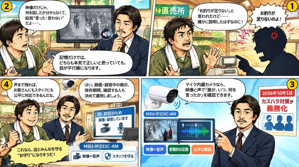 青果店で録画・録音による接客トラブル対策を説明する漫画