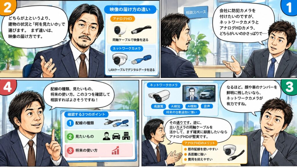 男性二人が防犯カメラの種類と特徴を相談する漫画