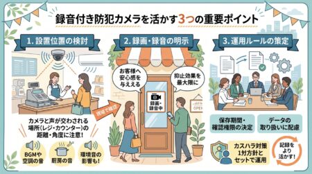録音できる防犯カメラは、ただ取り付ければ効果が出るものではありません。せっかくの記録をきちんと「使える証拠」にするために、導入前に考えておきたいポイントをお伝えします。
まず大切なのが設置位置です。