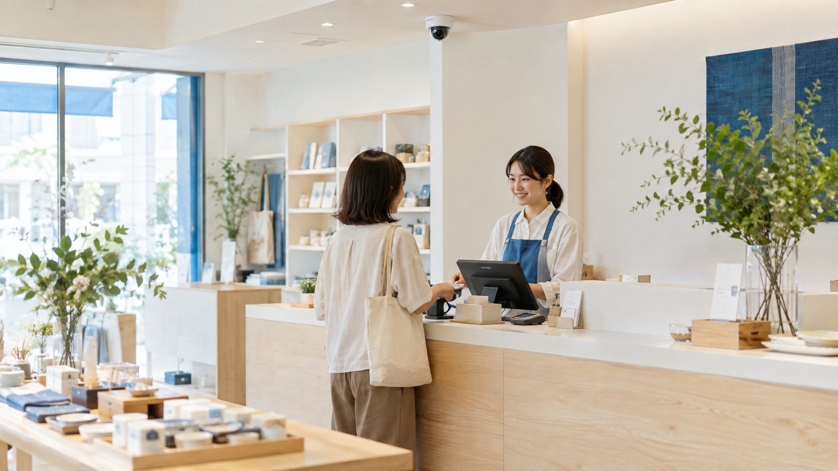 接客カウンターの天井にカメラを設置したイメージ