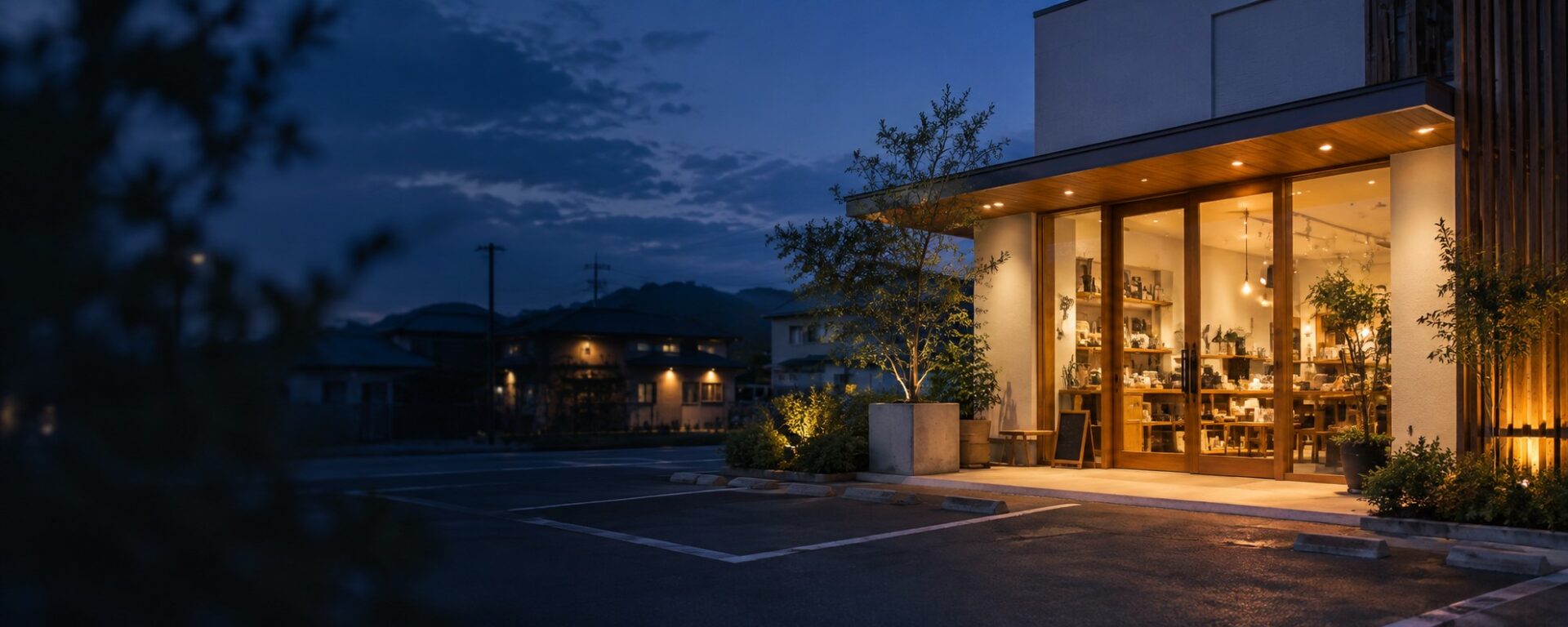 夕暮れの店舗入口。導入シーンのイメージ